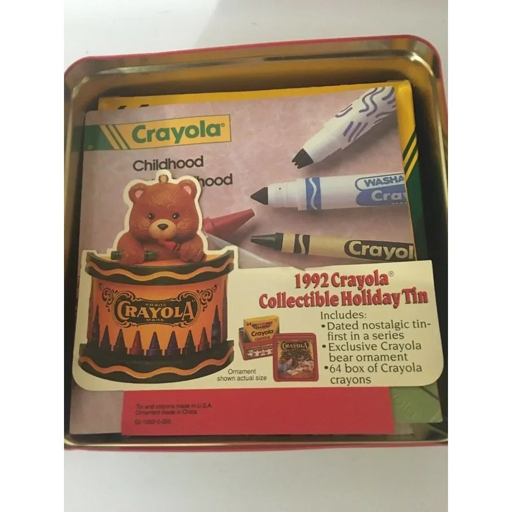 Vtg Crayola Crayon Collectors Tin 64Crayons Plus Bear Ornament 1992 Series First